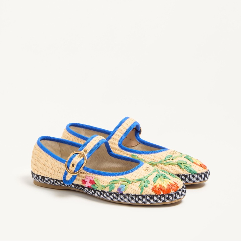 Valentino Embroidered Straw Mary Jane Flats